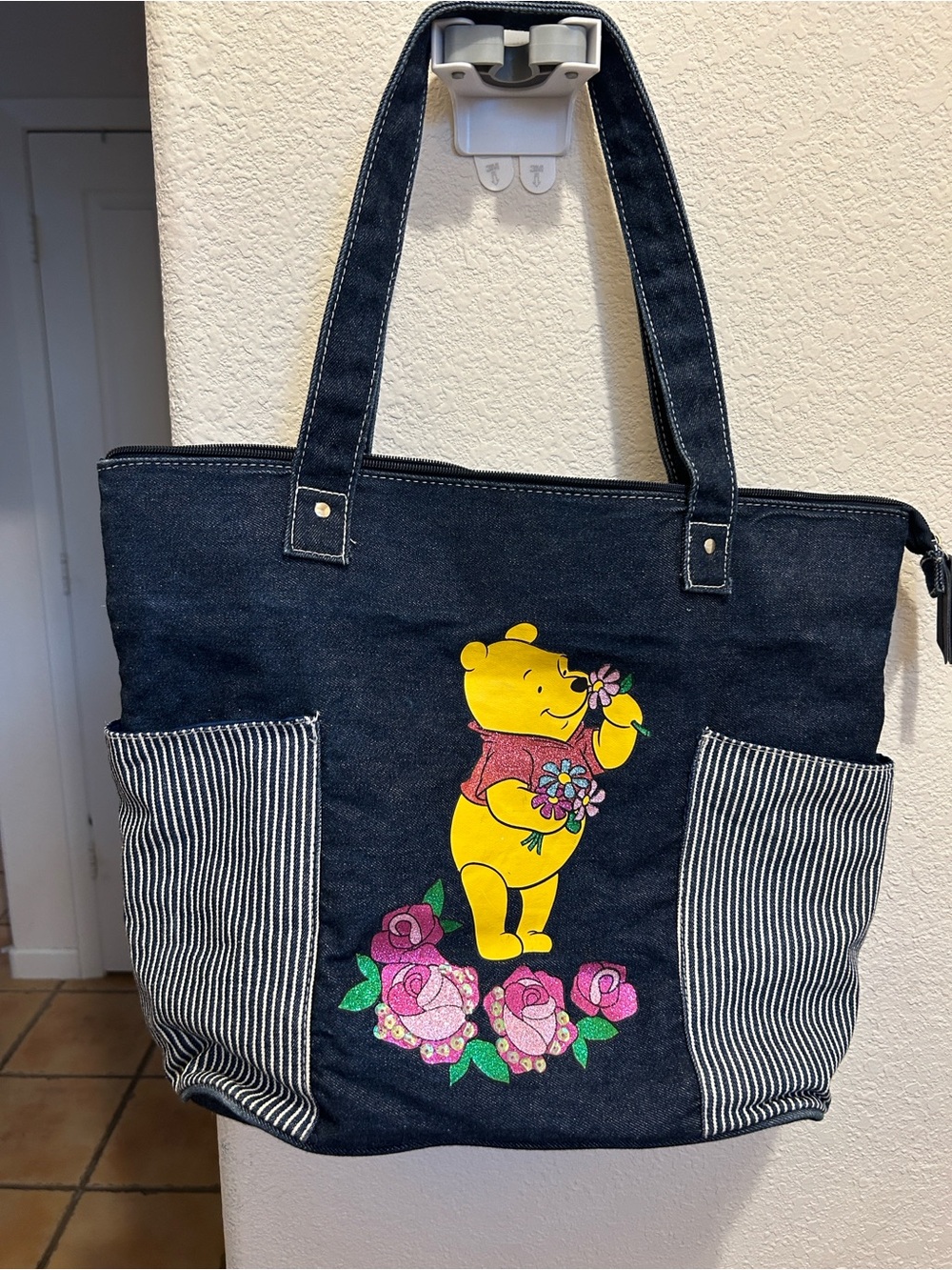 Vintage Disney Winnie the Pooh Navy Denim Tote Bag with Floral Print Y2K